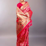 Dark Pink Paithani Silk Saree with Multicolored Floral Jaal Work - Anvi Couture