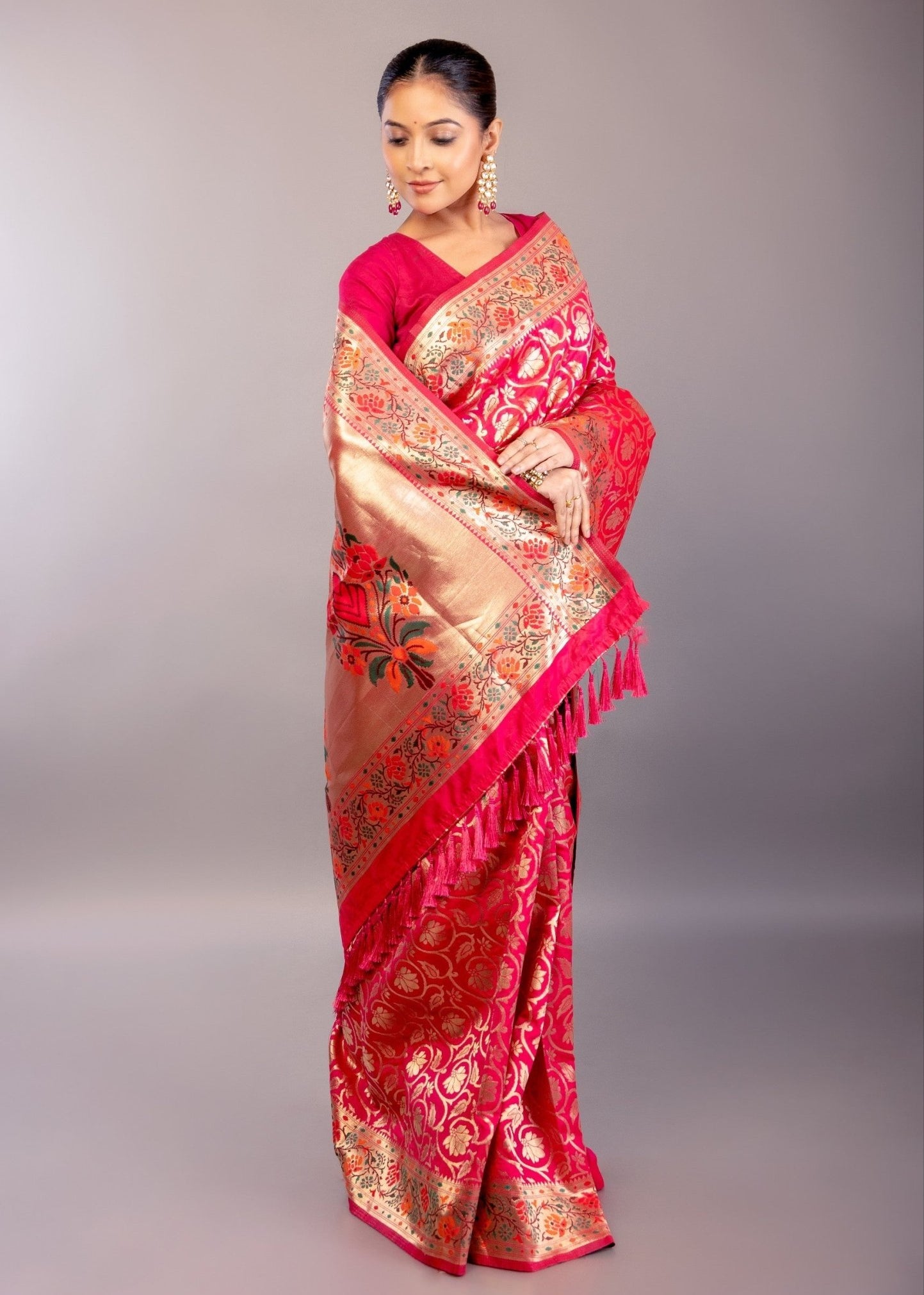 Dark Pink Paithani Silk Saree with Multicolored Floral Jaal Work - Anvi Couture