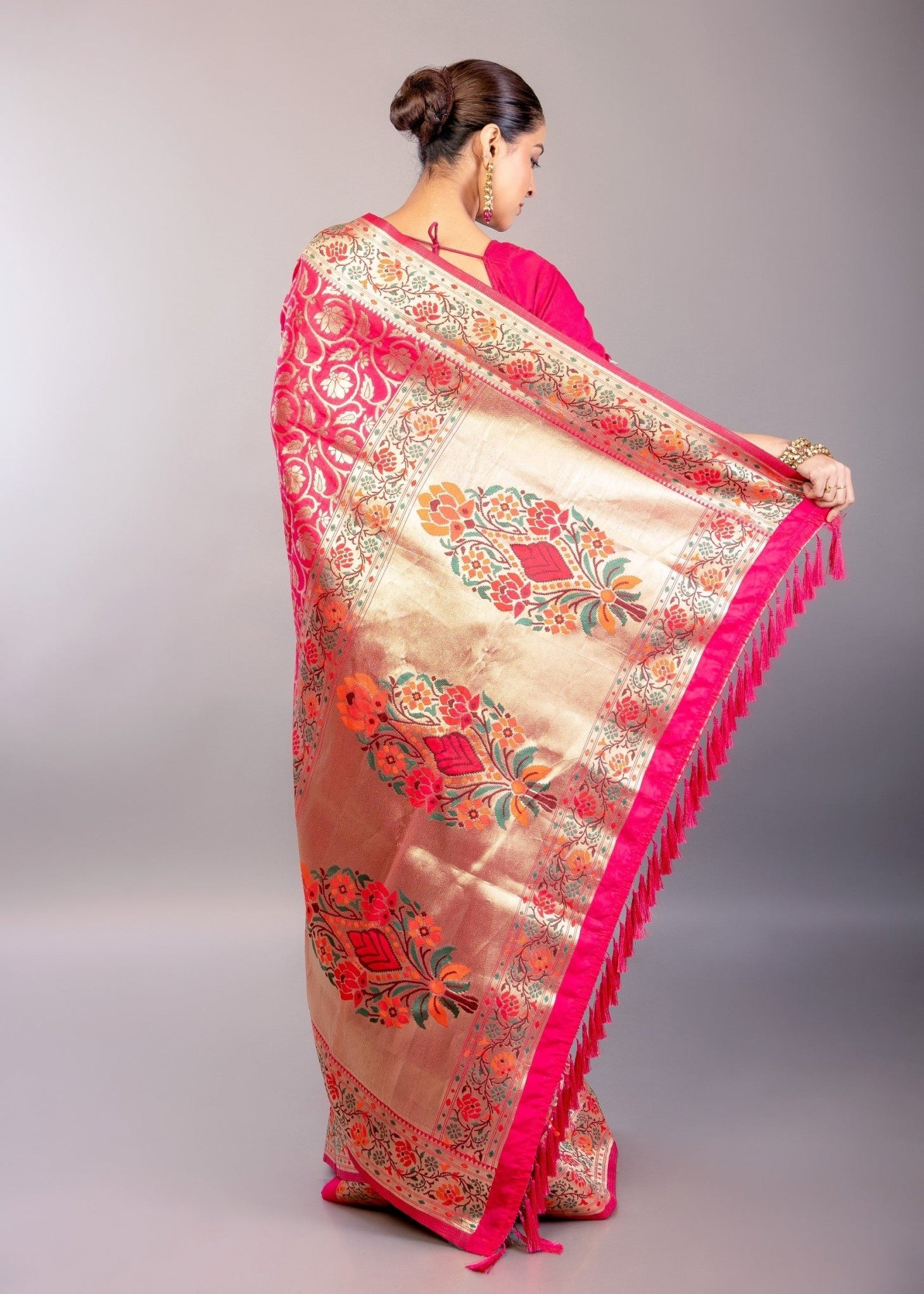 Dark Pink Paithani Silk Saree with Multicolored Floral Jaal Work - Anvi Couture