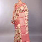 Cream White Silk Saree with Floral Prints and Contrasting Pink Zari Border - Anvi Couture