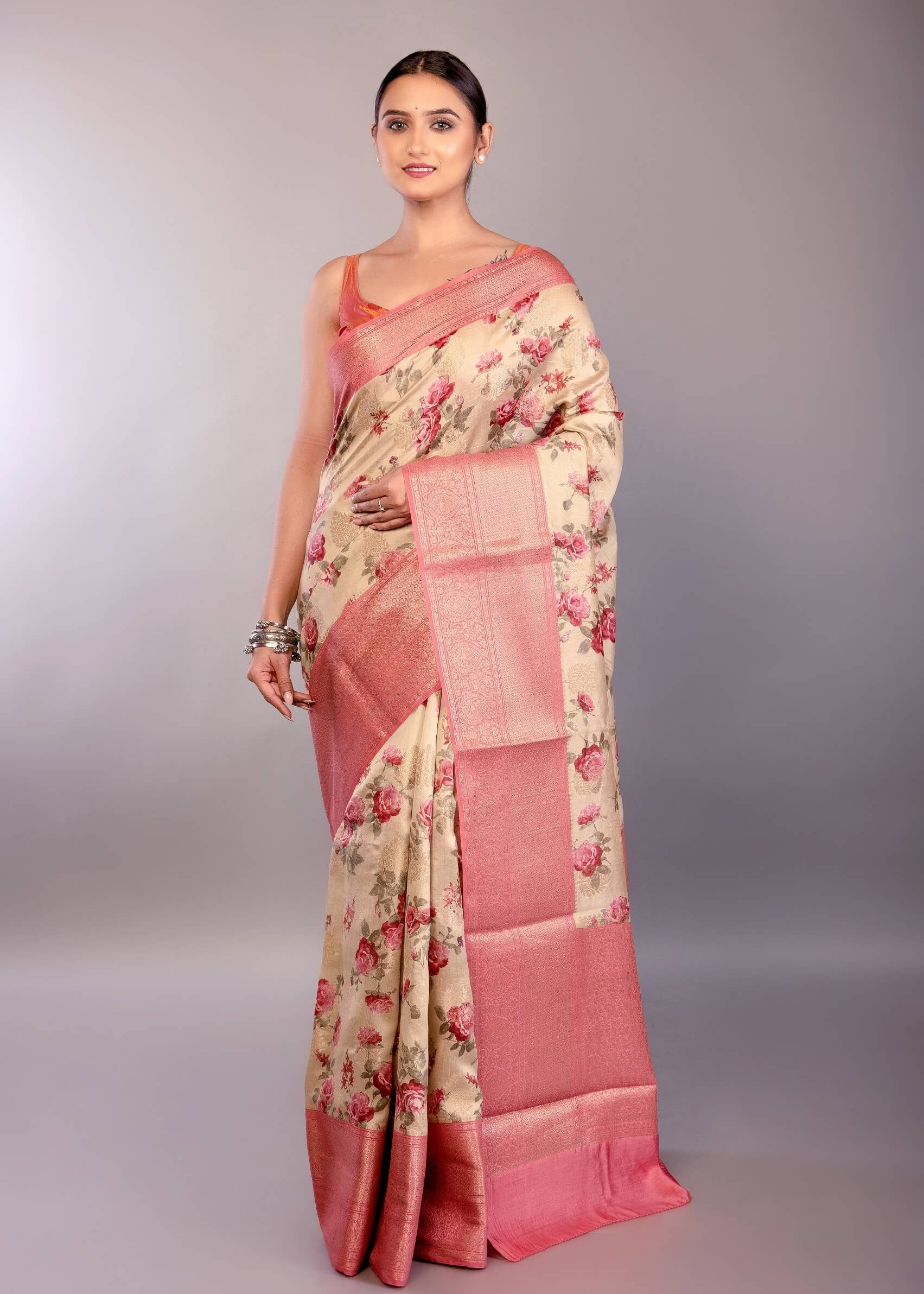 Cream White Silk Saree with Floral Prints and Contrasting Pink Zari Border - Anvi Couture