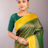 Dark Green South Indian Silk Saree with Contrasting Yellow Border and Pallu - Anvi Couture