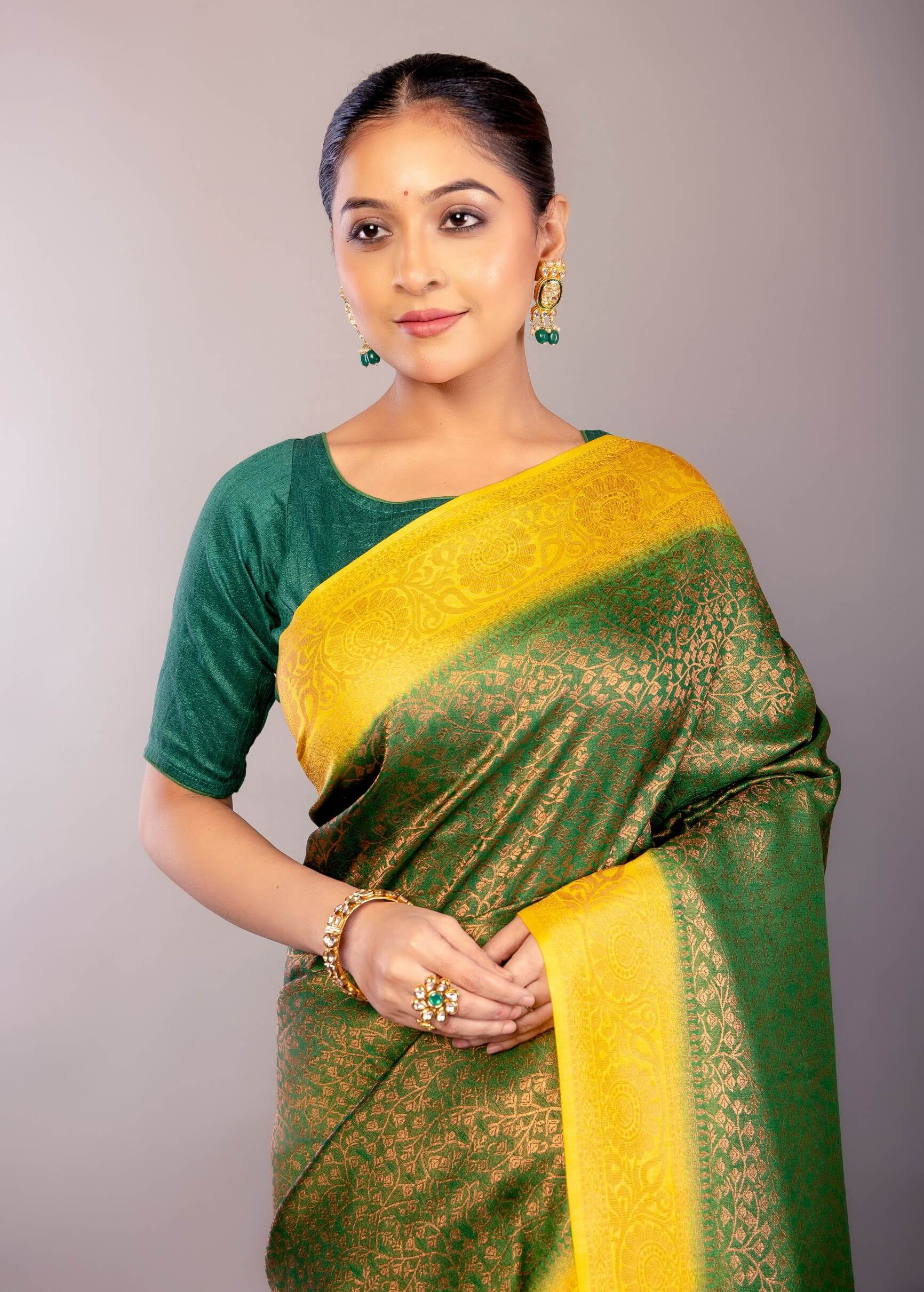 Dark Green South Indian Silk Saree with Contrasting Yellow Border and Pallu - Anvi Couture
