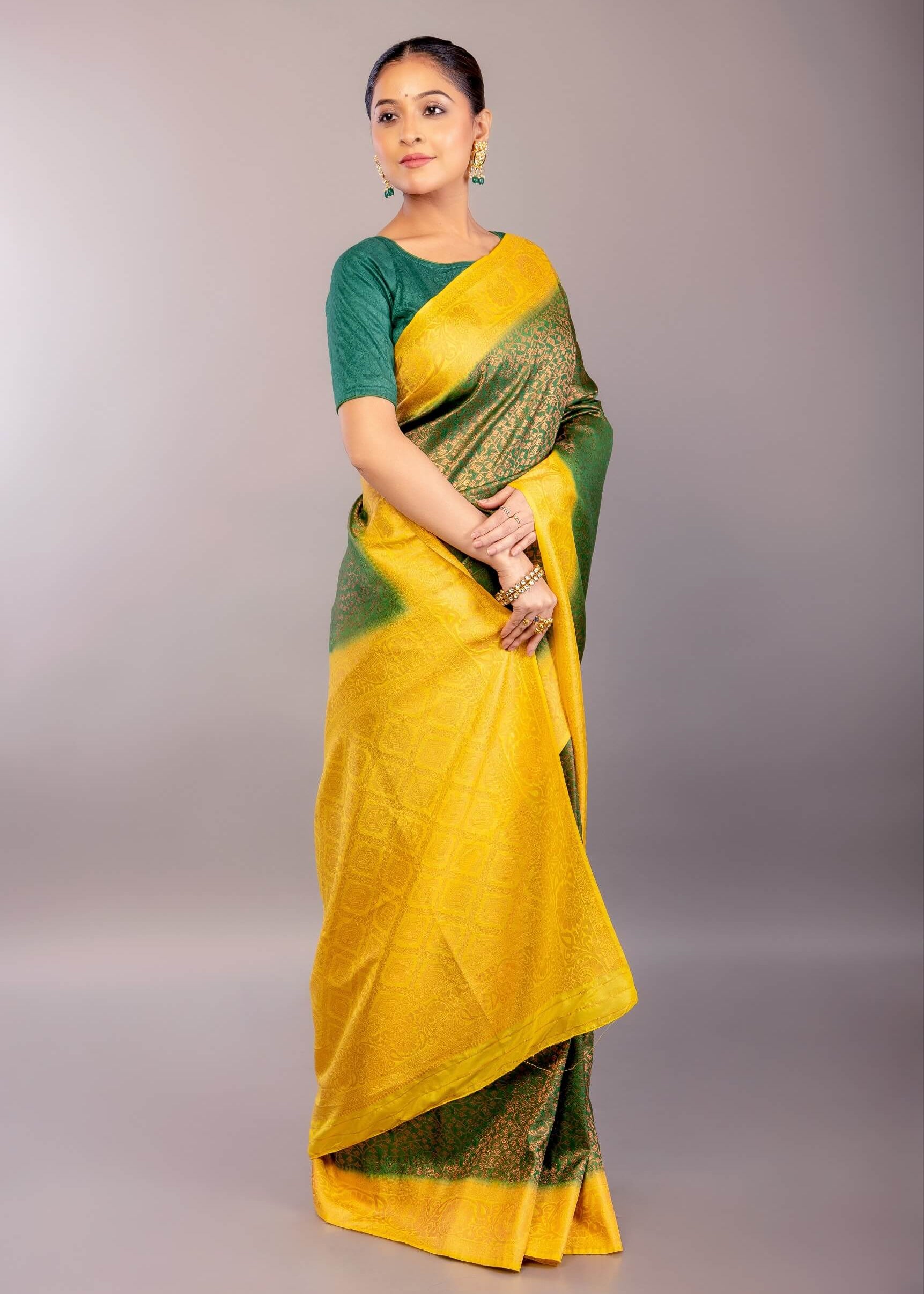 Dark Green South Indian Silk Saree with Contrasting Yellow Border and Pallu - Anvi Couture