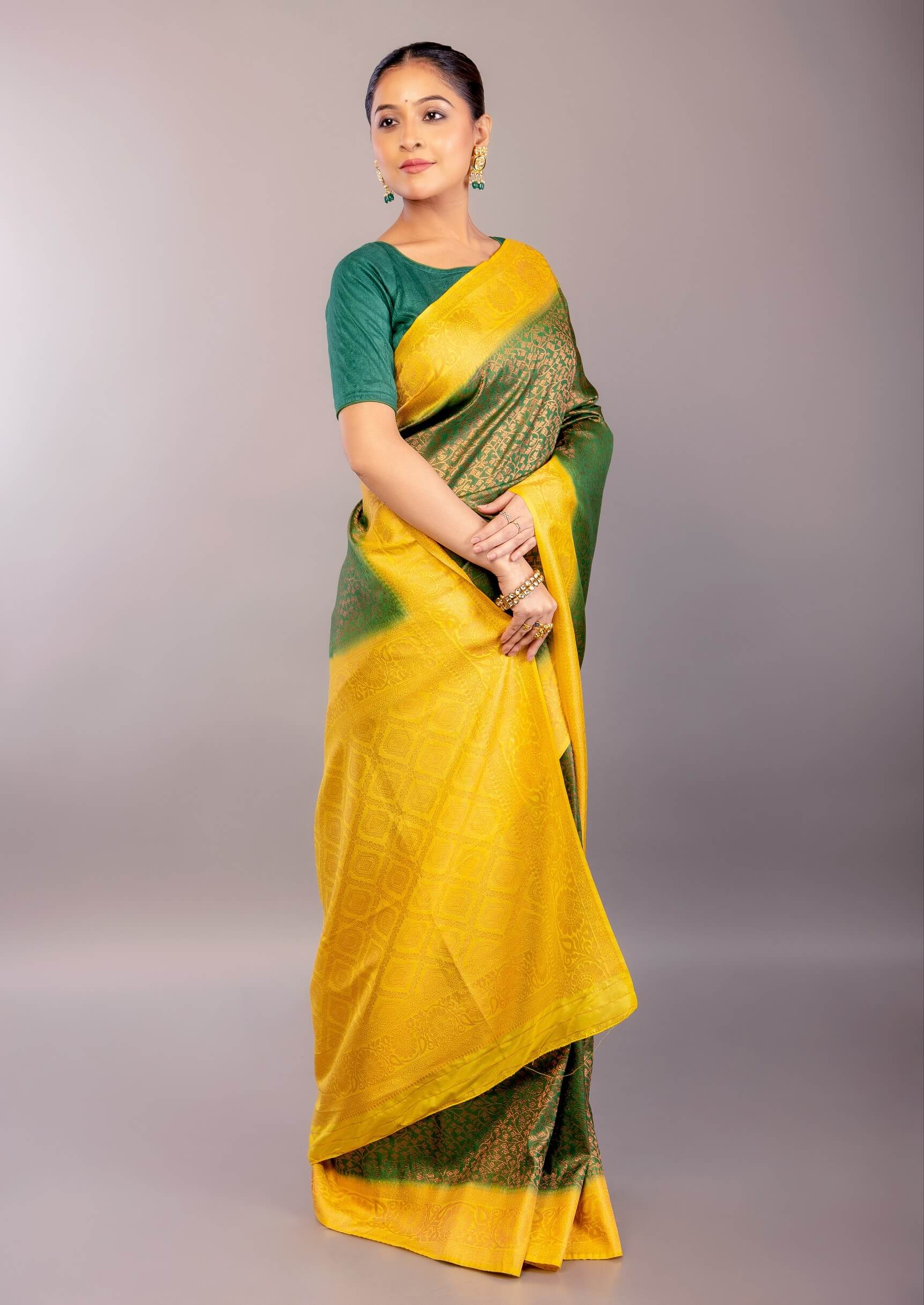 Dark Green South Indian Silk Saree with Contrasting Yellow Border and Pallu - Anvi Couture
