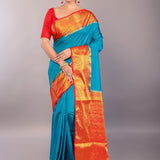 Bright Blue South Indian Silk Saree with Contrasting Orange Border and Pallu - Anvi Couture
