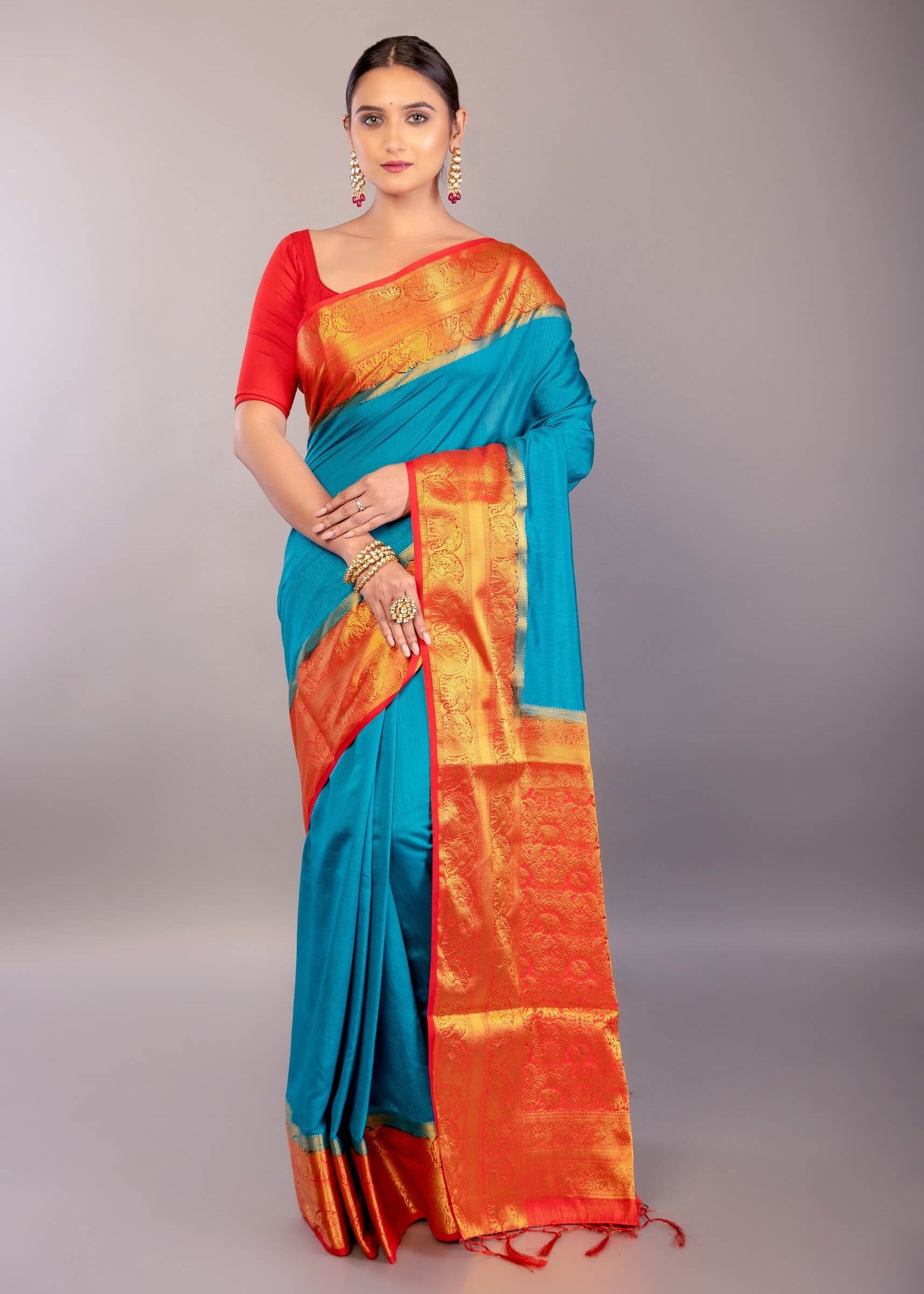 Bright Blue South Indian Silk Saree with Contrasting Orange Border and Pallu - Anvi Couture