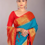 Bright Blue South Indian Silk Saree with Contrasting Orange Border and Pallu - Anvi Couture
