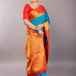 Bright Blue South Indian Silk Saree with Contrasting Orange Border and Pallu - Anvi Couture