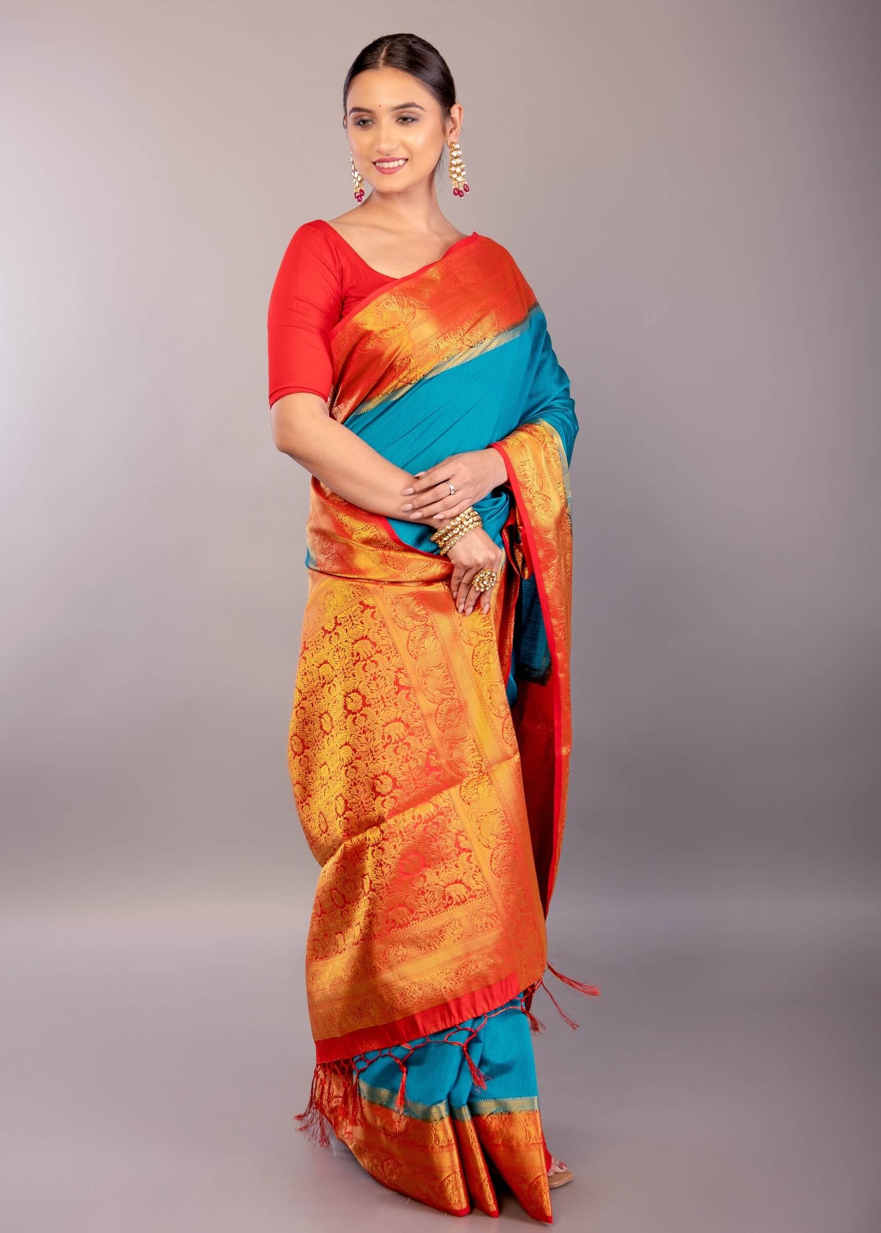 Bright Blue South Indian Silk Saree with Contrasting Orange Border and Pallu - Anvi Couture
