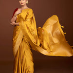 Mustard Yellow Mashru Silk Banarasi Saree with Gold Zari Work and Floral Motifs - Anvi Couture