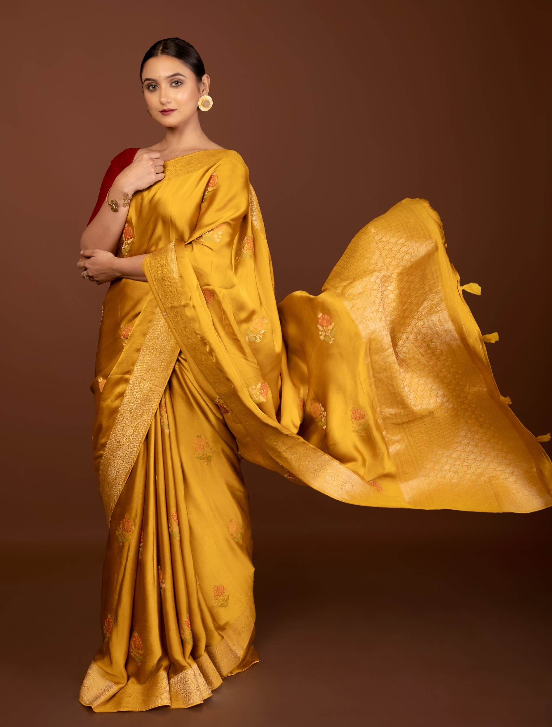 Mustard Yellow Mashru Silk Banarasi Saree with Gold Zari Work and Floral Motifs - Anvi Couture