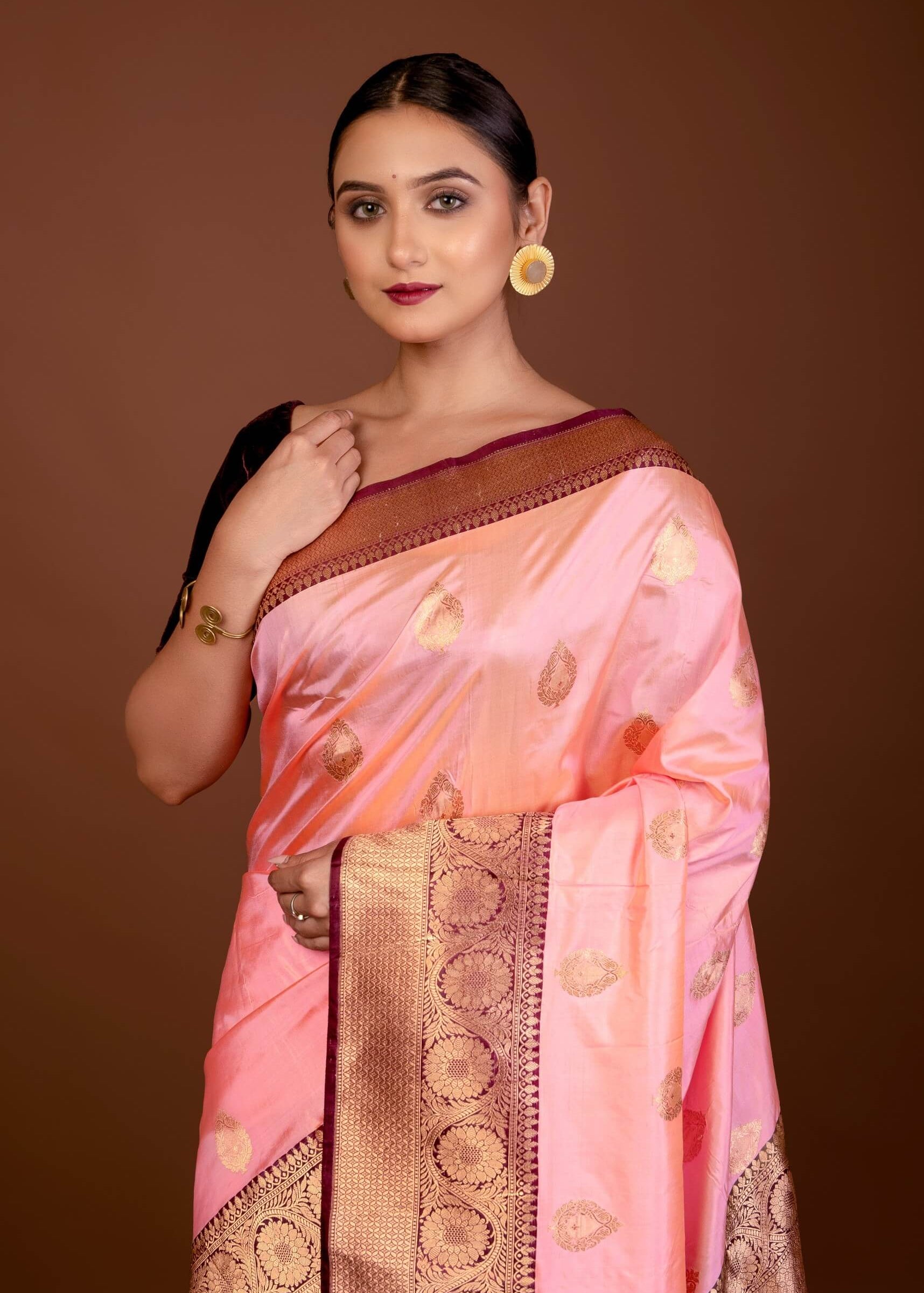 Bright Pink Katan Silk Saree with Contrasting Matt Gold Zari Border - Anvi Couture