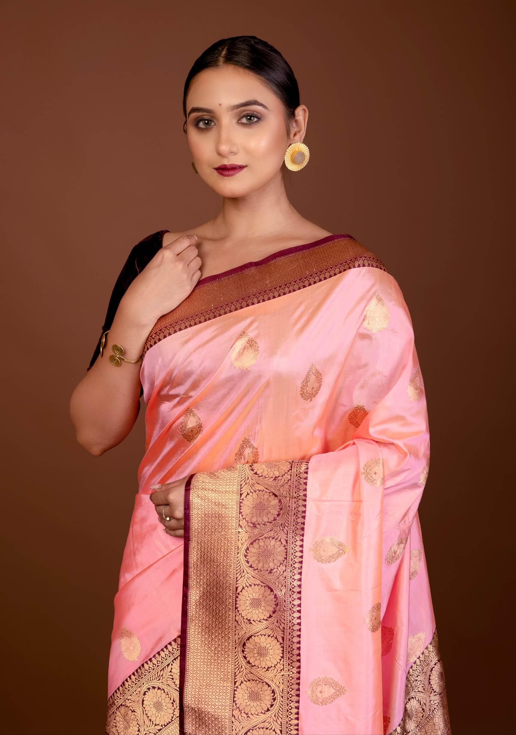 Bright Pink Katan Silk Saree with Contrasting Matt Gold Zari Border - Anvi Couture