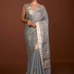 Gray Silk Linen Saree with Floral Embroidery Work and Zari Border - Anvi Couture