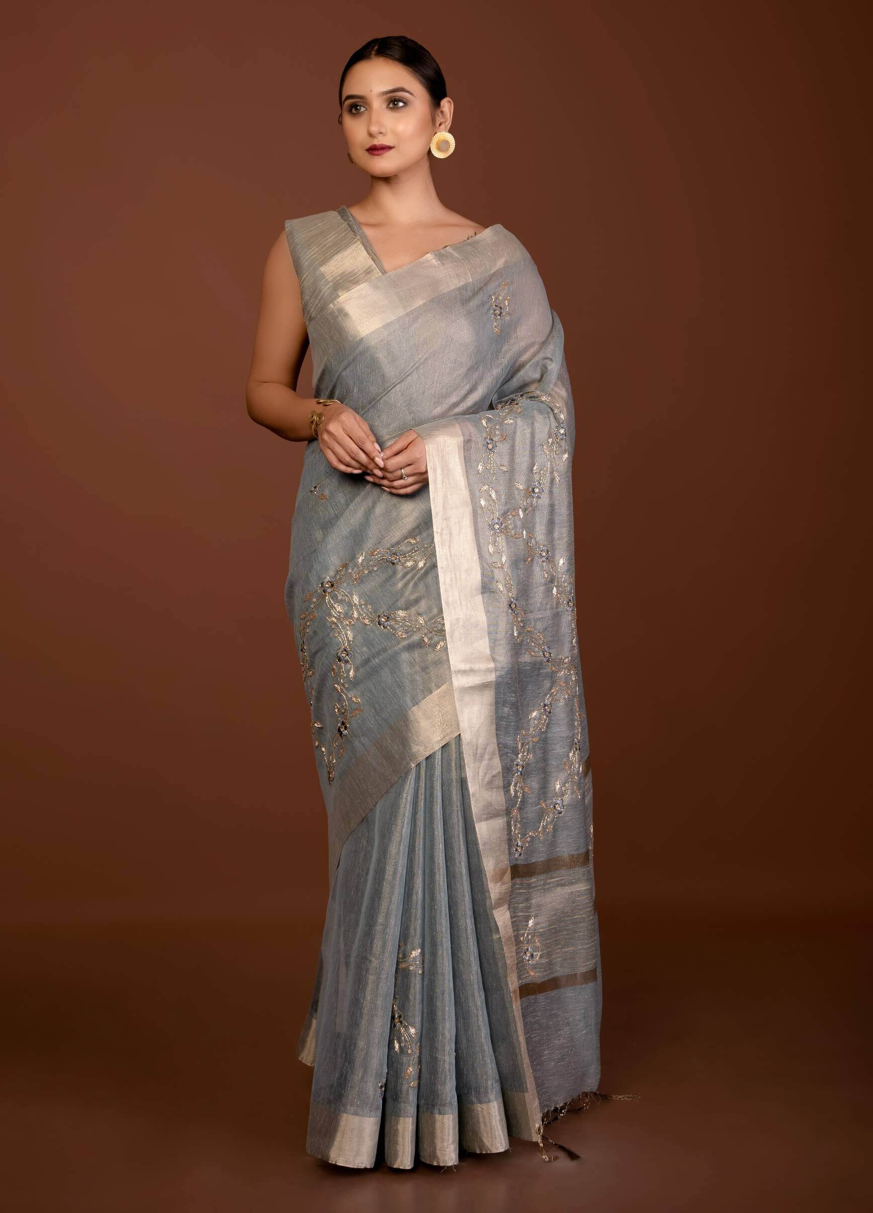 Gray Silk Linen Saree with Floral Embroidery Work and Zari Border - Anvi Couture