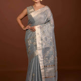 Gray Silk Linen Saree with Floral Embroidery Work and Zari Border - Anvi Couture