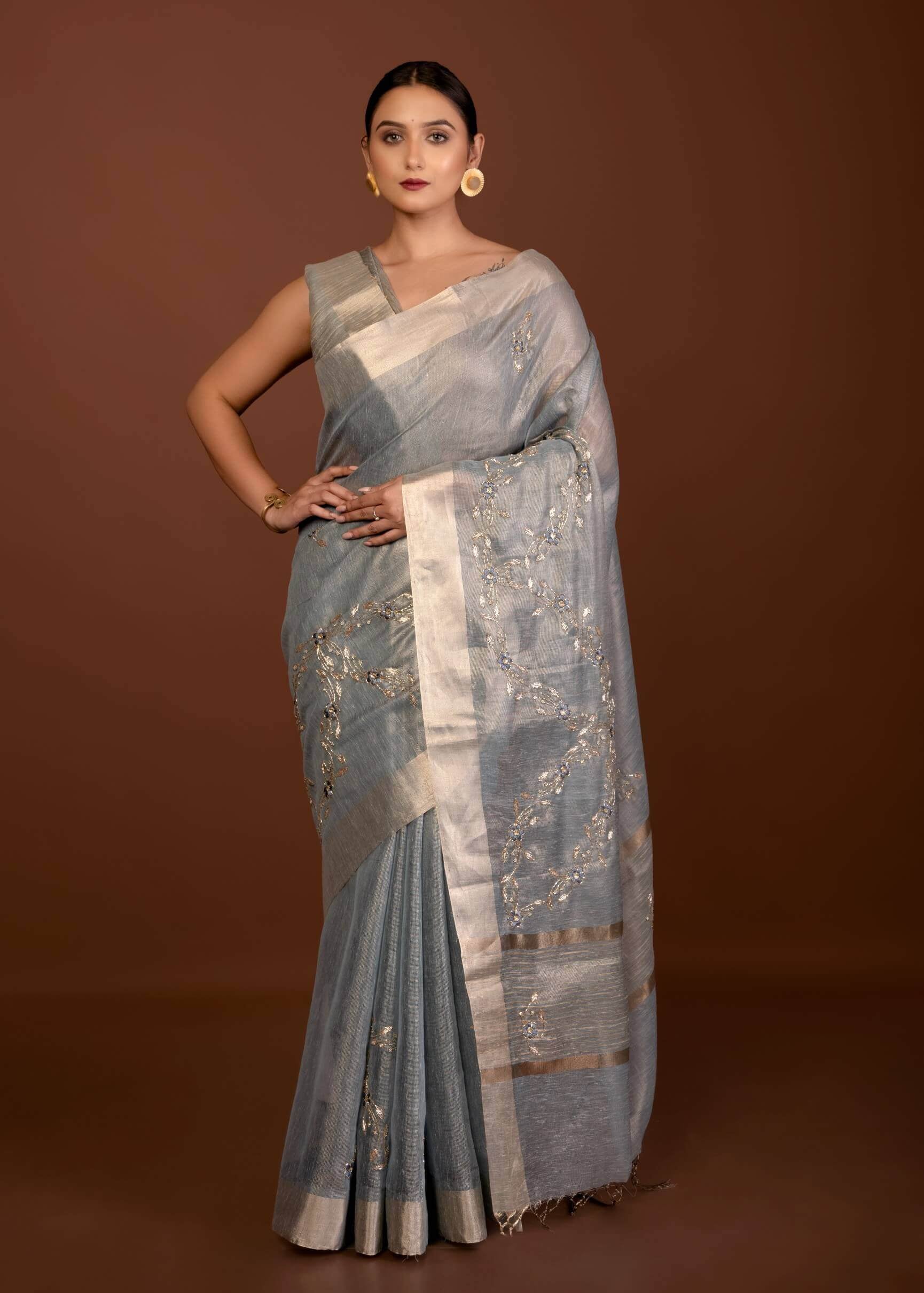 Gray Silk Linen Saree with Floral Embroidery Work and Zari Border - Anvi Couture