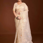 Off - White Printed Organza Saree with Embroidery Work and Lace Trim - Anvi Couture
