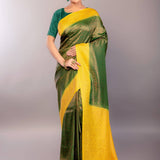 Dark Green South Indian Silk Saree with Contrasting Yellow Border and Pallu - Anvi Couture
