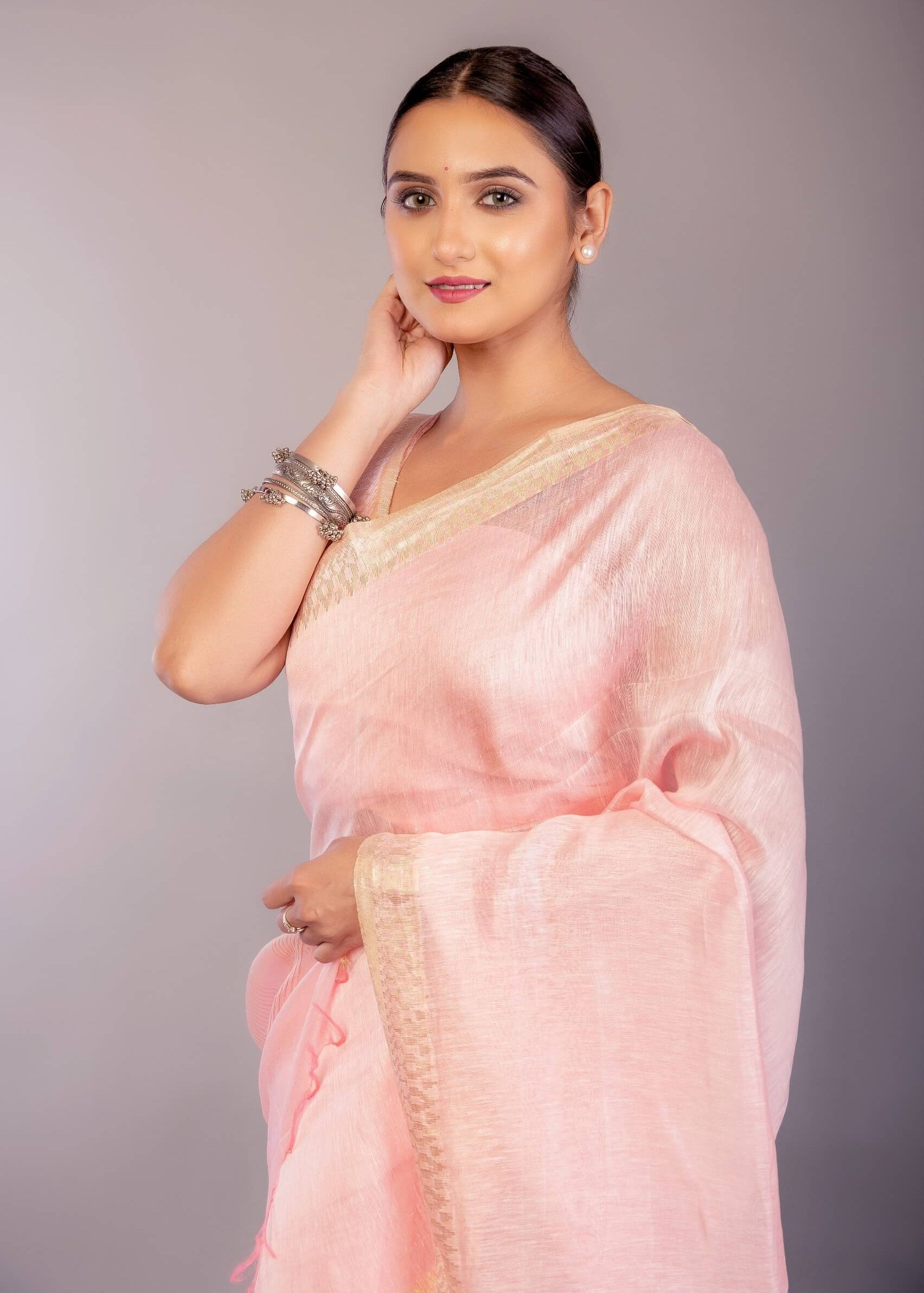 Baby Pink Silk Linen Saree with Contrasting Gold Zari Border - Anvi Couture
