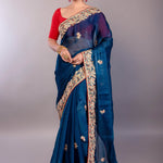 Dark Blue Jimmy Choo Saree with Multicolor Floral Hand Embroidery - Anvi Couture