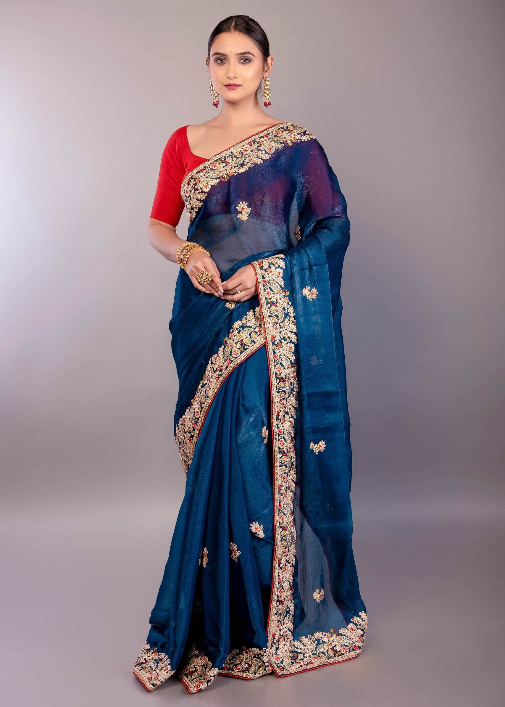 Dark Blue Jimmy Choo Saree with Multicolor Floral Hand Embroidery - Anvi Couture