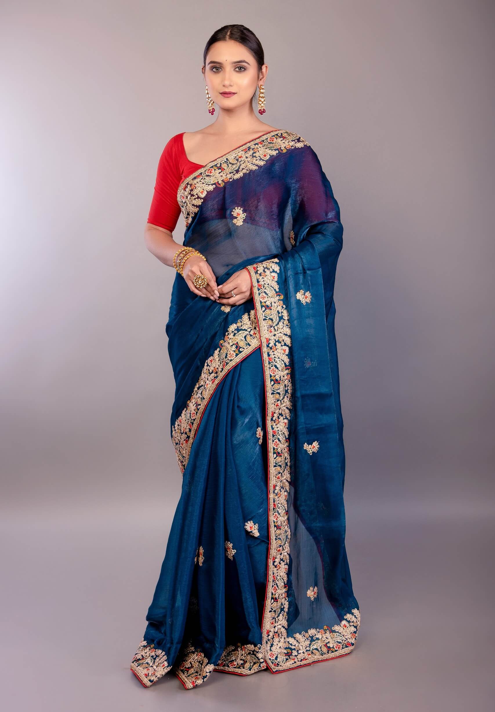 Dark Blue Jimmy Choo Saree with Multicolor Floral Hand Embroidery - Anvi Couture