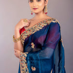 Dark Blue Jimmy Choo Saree with Multicolor Floral Hand Embroidery - Anvi Couture