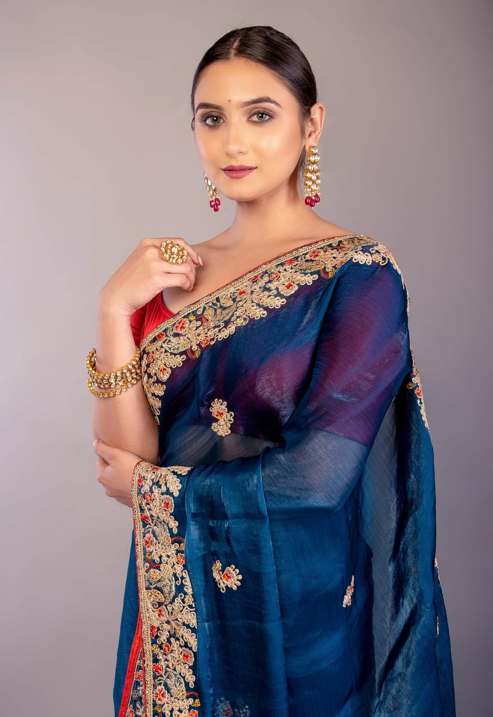 Dark Blue Jimmy Choo Saree with Multicolor Floral Hand Embroidery - Anvi Couture