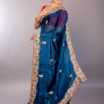 Dark Blue Jimmy Choo Saree with Multicolor Floral Hand Embroidery - Anvi Couture