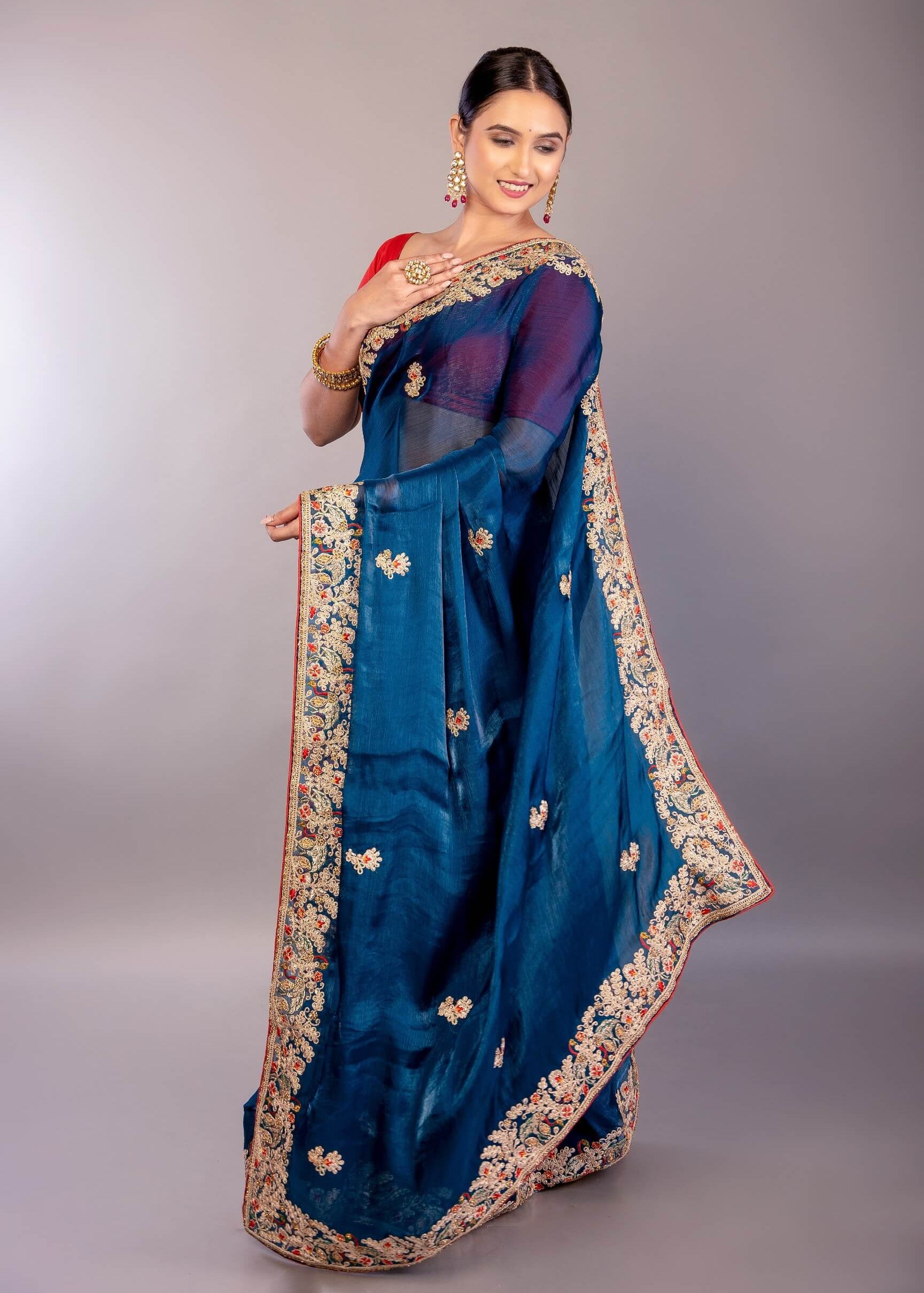 Dark Blue Jimmy Choo Saree with Multicolor Floral Hand Embroidery - Anvi Couture