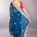 Dark Blue Jimmy Choo Saree with Multicolor Floral Hand Embroidery - Anvi Couture