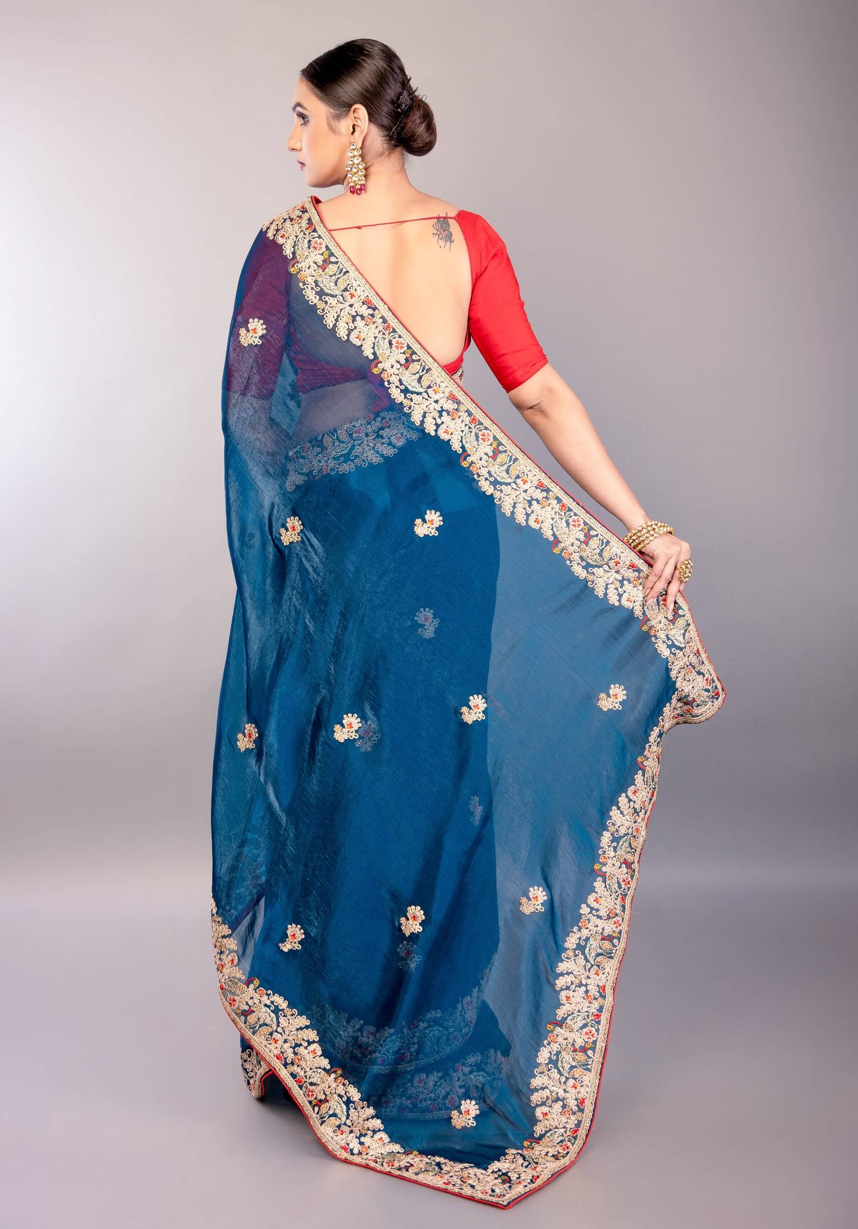 Dark Blue Jimmy Choo Saree with Multicolor Floral Hand Embroidery - Anvi Couture