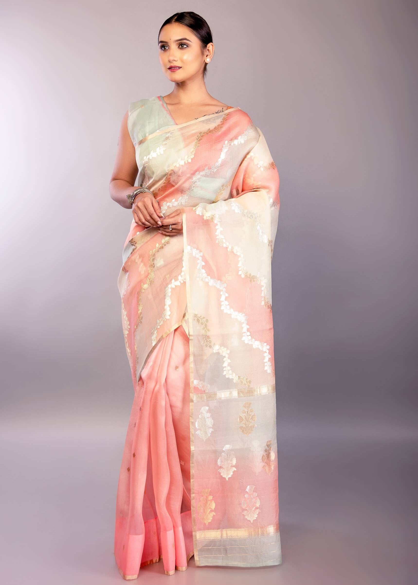 Pastel Organza Silk Saree with Pink and Blue Color Blocked Design - Anvi Couture