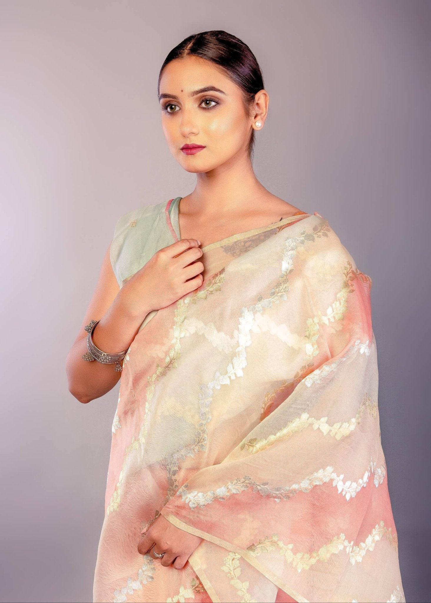 Pastel Organza Silk Saree with Pink and Blue Color Blocked Design - Anvi Couture