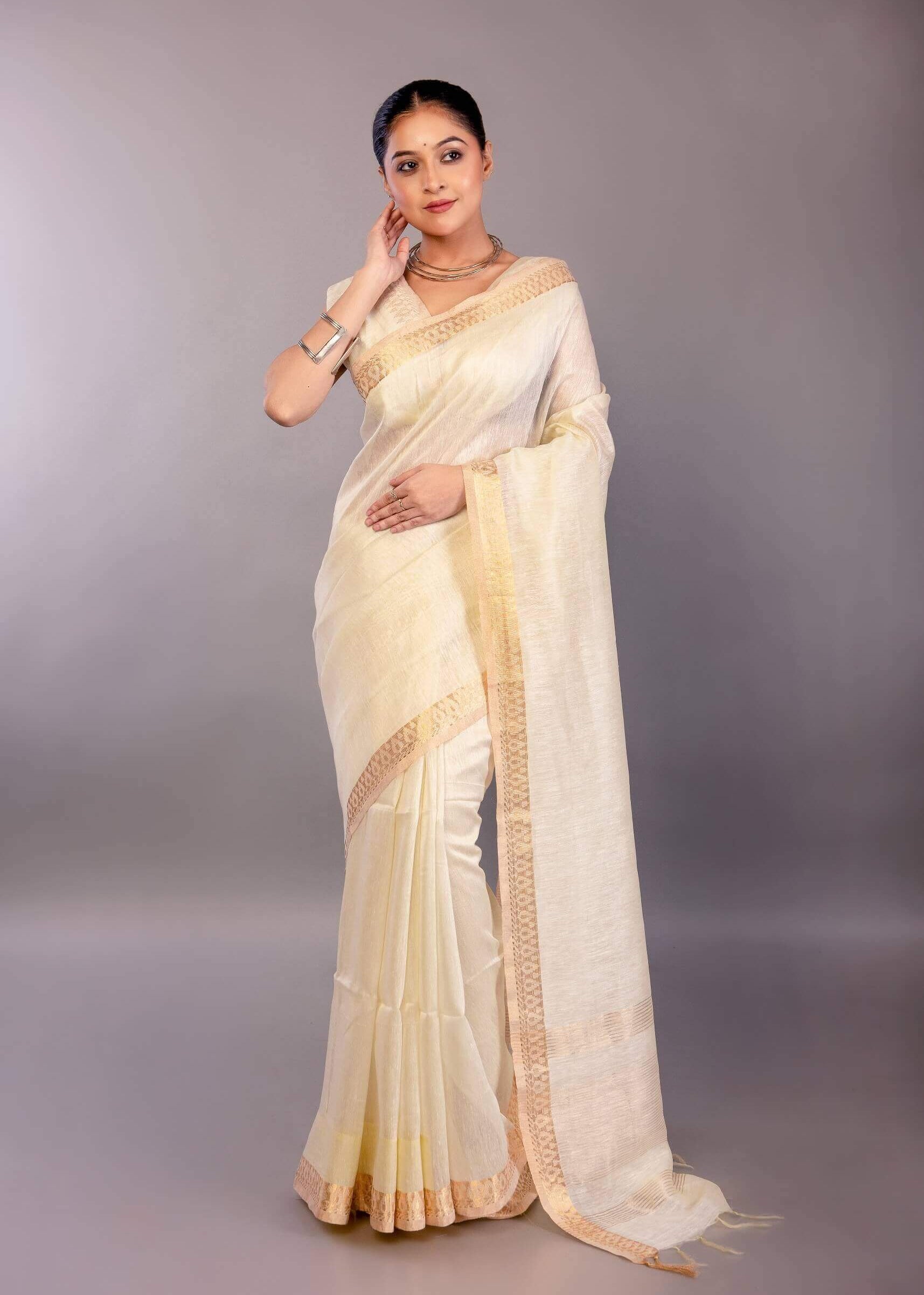 Pure White Silk Linen Saree with Self - Design Gold Zari Border - Anvi Couture