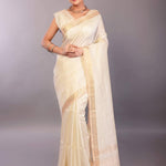 Pure White Silk Linen Saree with Self - Design Gold Zari Border - Anvi Couture