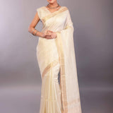 Pure White Silk Linen Saree with Self - Design Gold Zari Border - Anvi Couture