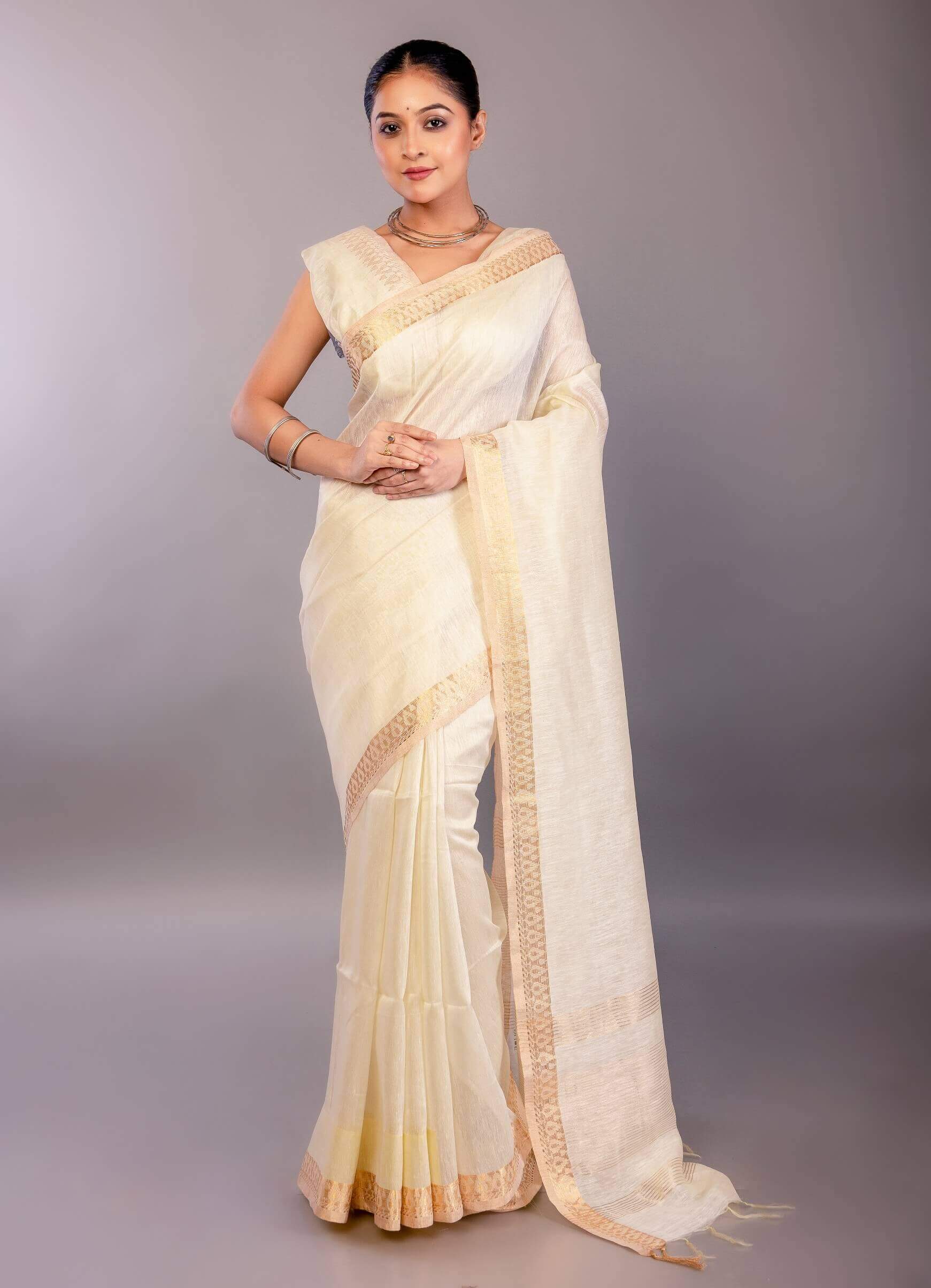 Pure White Silk Linen Saree with Self - Design Gold Zari Border - Anvi Couture