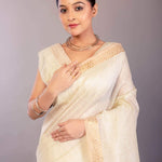 Pure White Silk Linen Saree with Self - Design Gold Zari Border - Anvi Couture