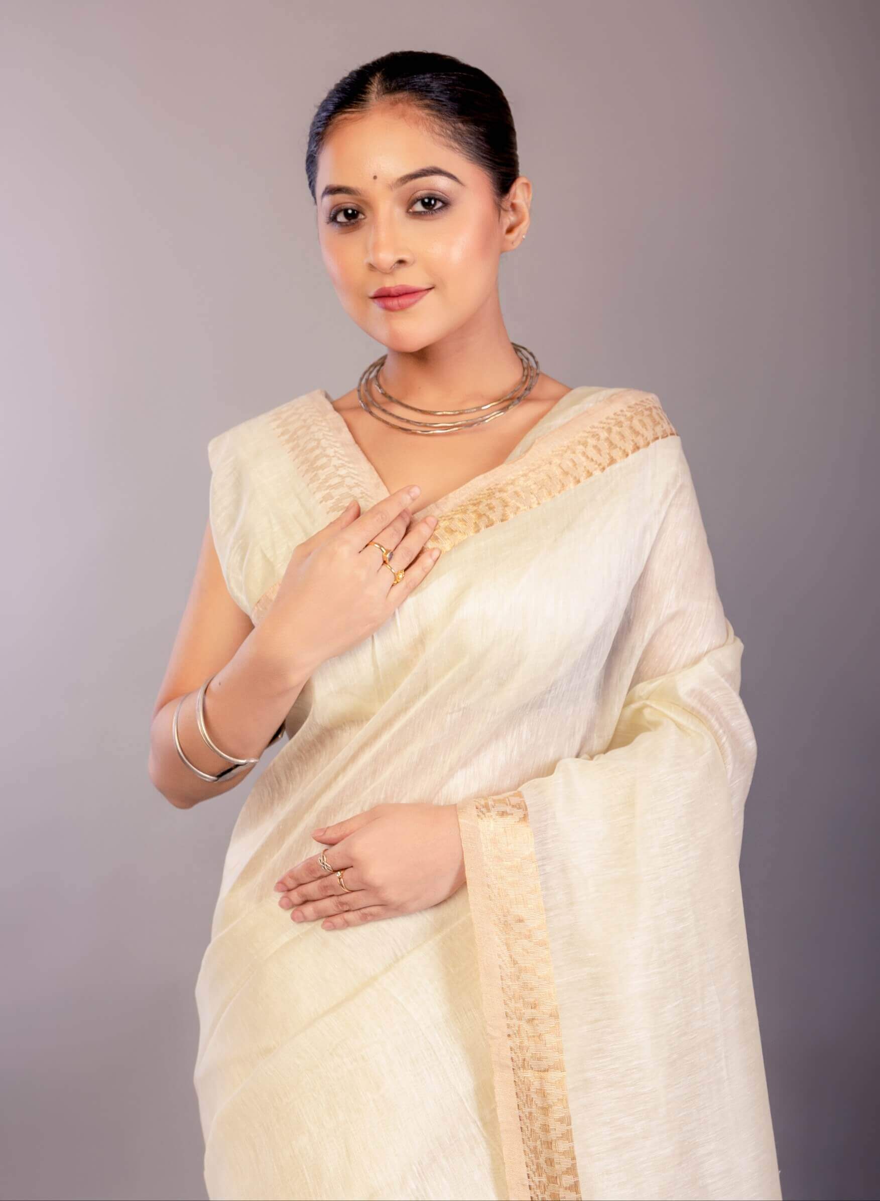 Pure White Silk Linen Saree with Self - Design Gold Zari Border - Anvi Couture
