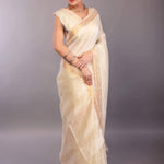 Pure White Silk Linen Saree with Self - Design Gold Zari Border - Anvi Couture