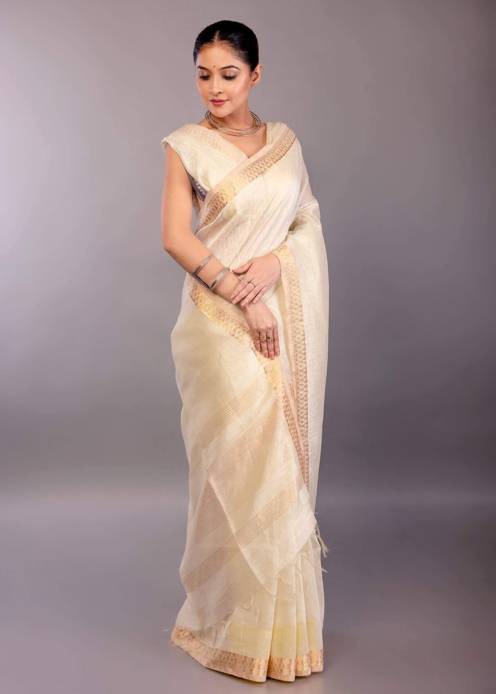 Pure White Silk Linen Saree with Self - Design Gold Zari Border - Anvi Couture