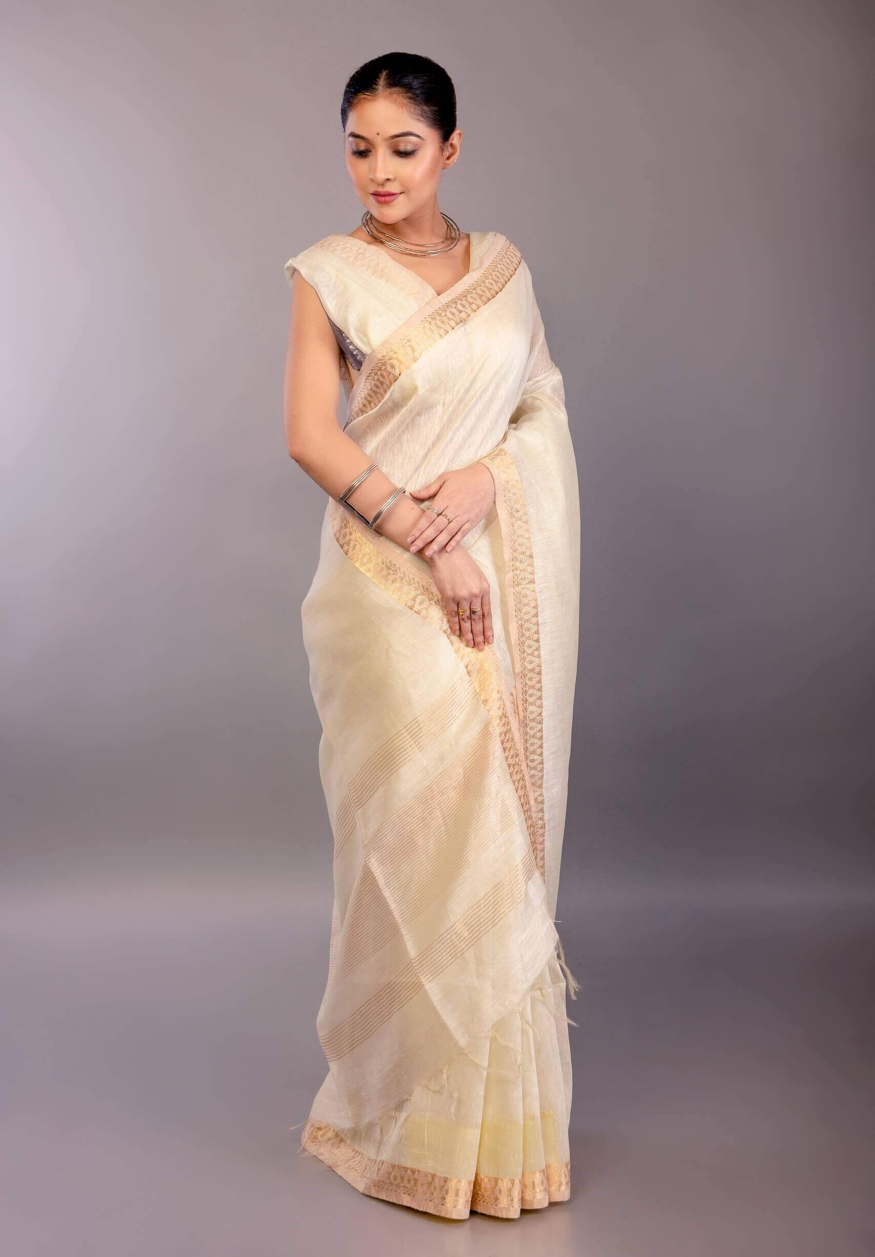 Pure White Silk Linen Saree with Self - Design Gold Zari Border - Anvi Couture