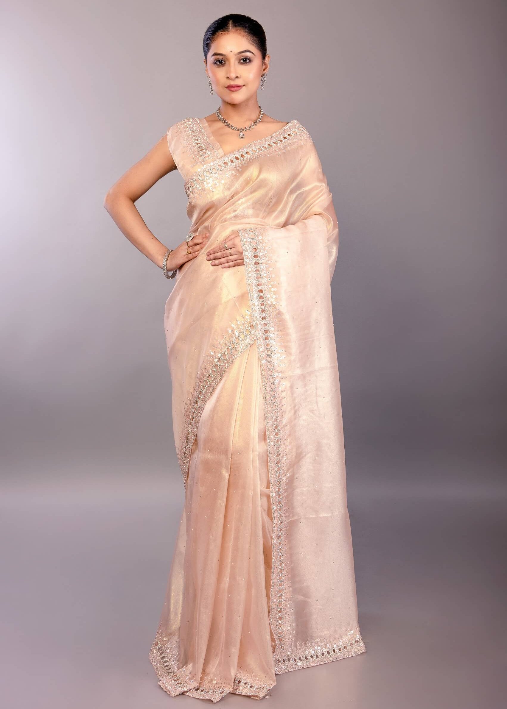 Light Pink Jimmy Choo Saree with Sequin Embellished Border - Anvi Couture