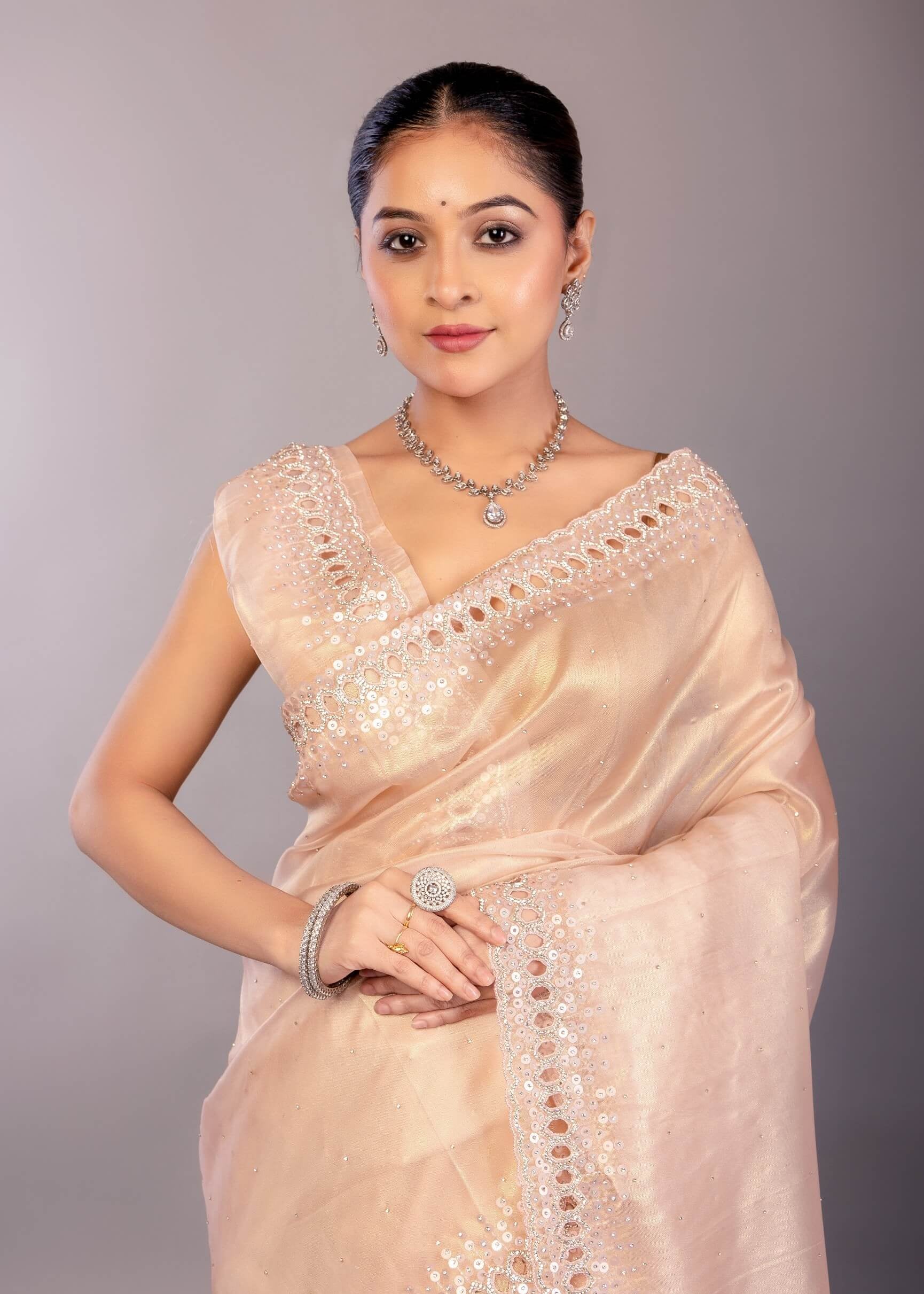 Light Pink Jimmy Choo Saree with Sequin Embellished Border - Anvi Couture
