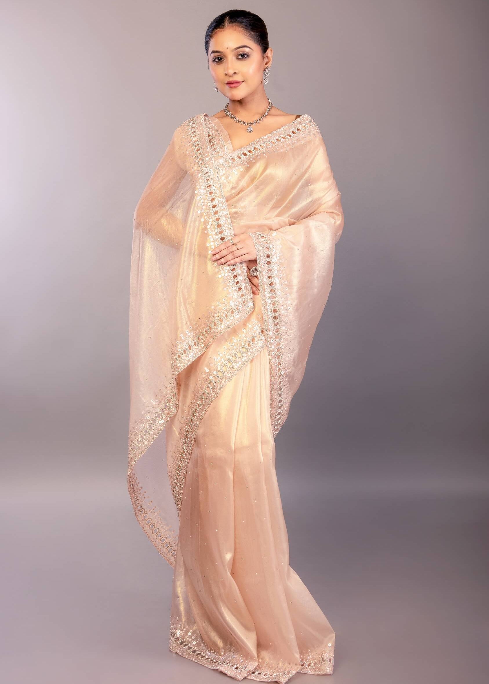 Light Pink Jimmy Choo Saree with Sequin Embellished Border - Anvi Couture