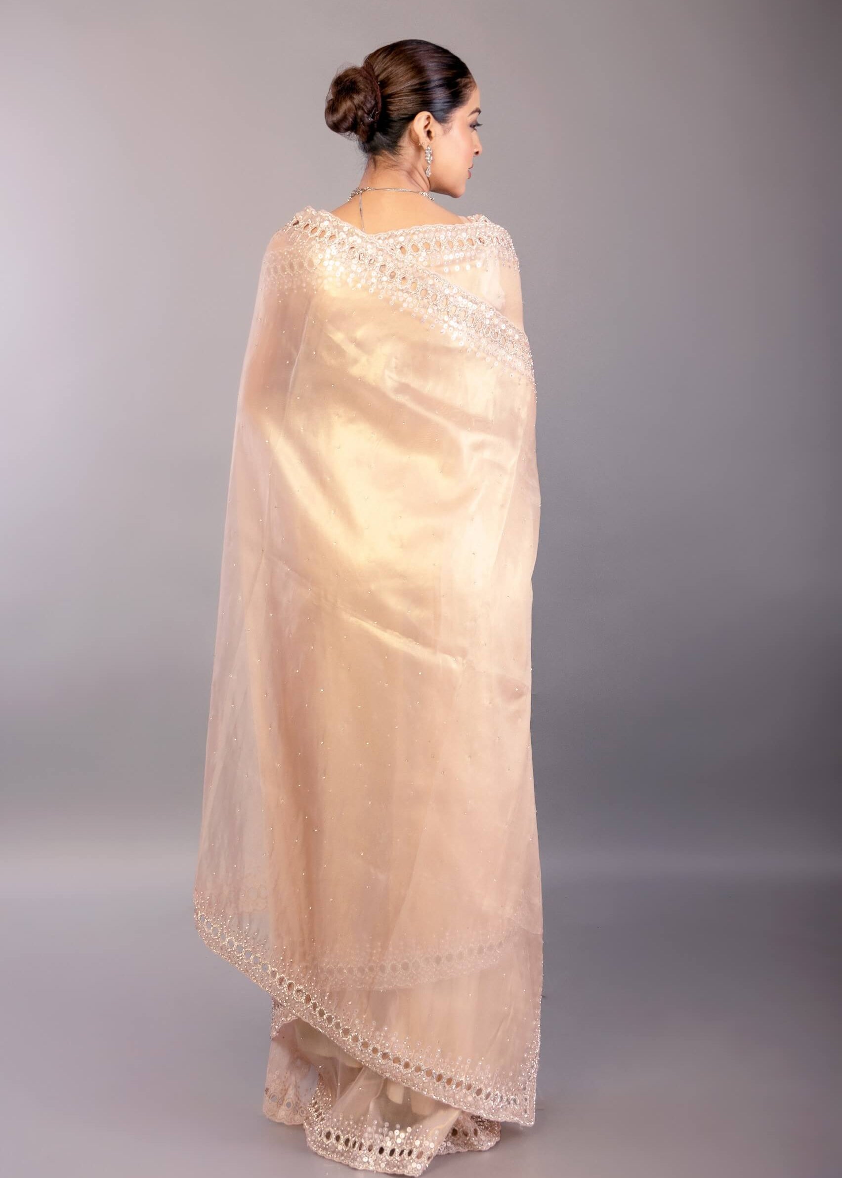 Light Pink Jimmy Choo Saree with Sequin Embellished Border - Anvi Couture