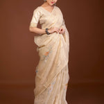 Off - White Printed Organza Saree with Embroidery Work and Lace Trim - Anvi Couture